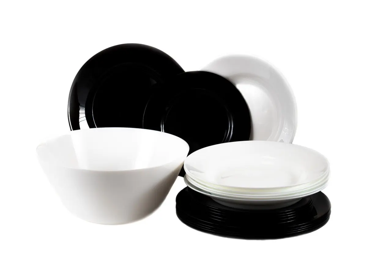 НАБОР ПОСУДЫ стеклокерамический "Plumi Black&White" 19 пр.: 18 тарелок 19/22/24 см, салатник 24 см (арт. V0347, код 269655)