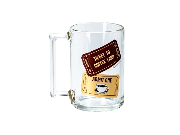 КРУЖКА стеклянная "Фитнес. Ticket to Coffee land" 320 мл/11 см (арт. O0585, код 057979)